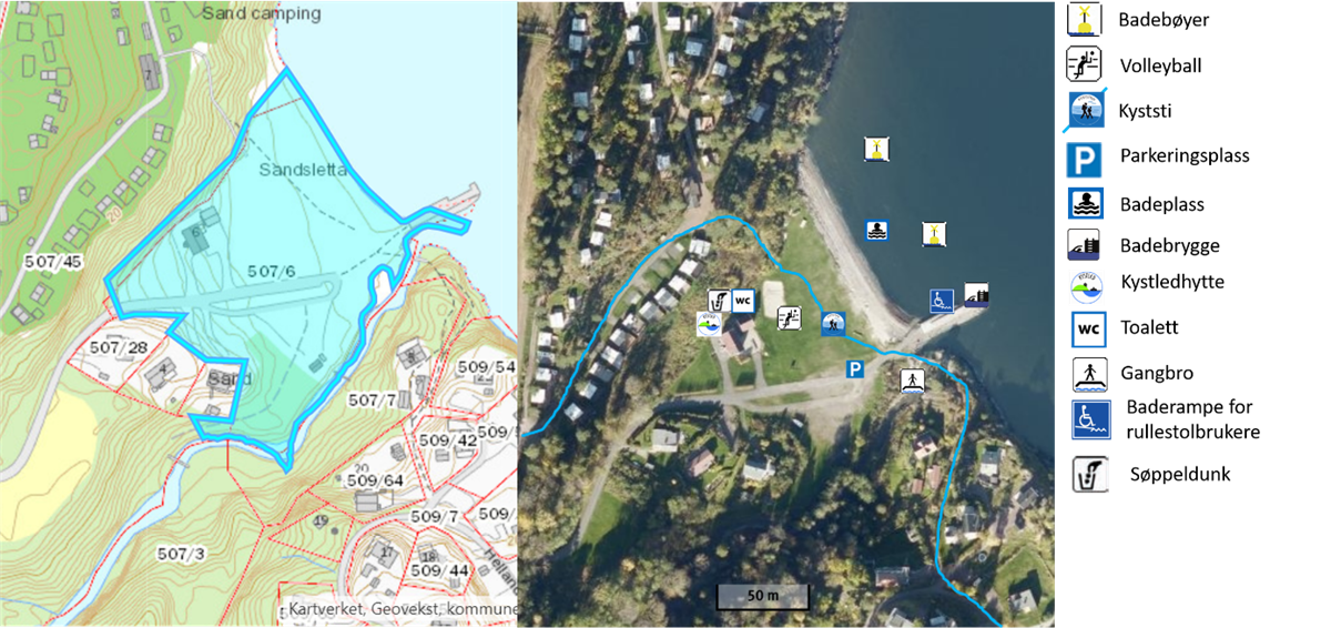 Kart over Sande - Snekkestad friluftsområde - Klikk for stort bilde