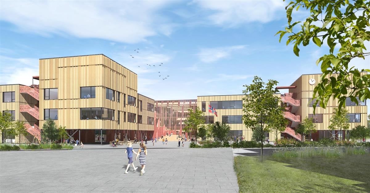 Den nye skolen i Sande sentrum - Klikk for stort bilde