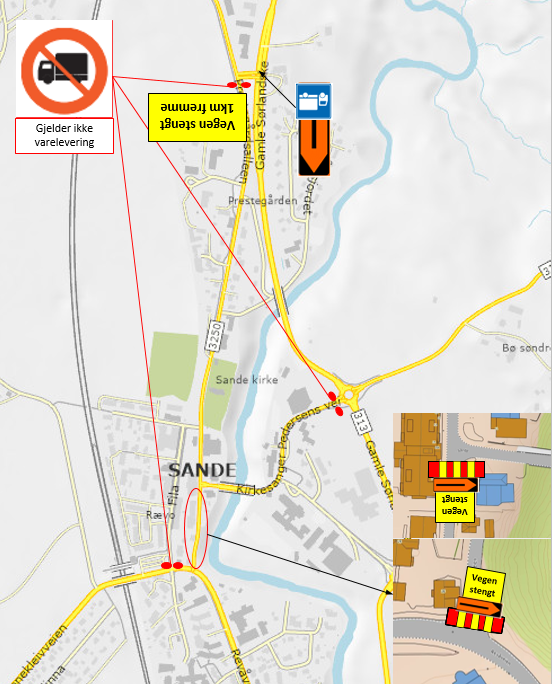 Kart som viser skilting av stengte veier i Sande sentrum - Klikk for stort bilde