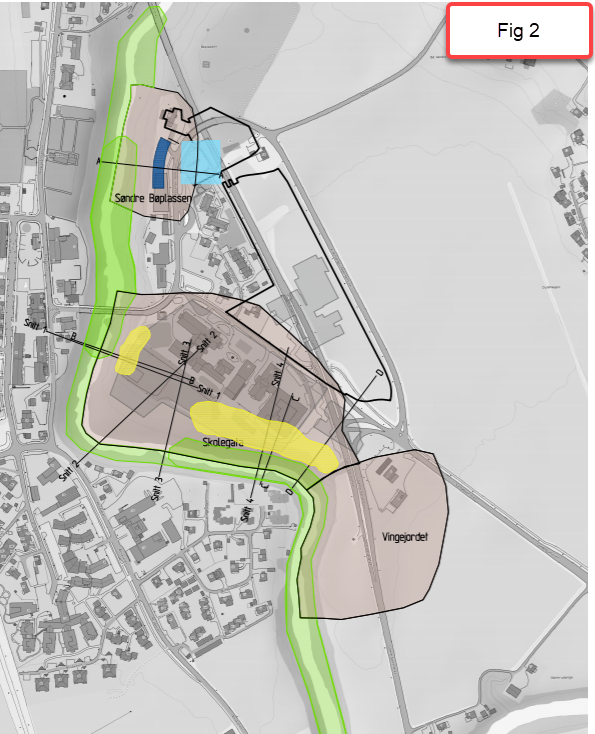Sonekart over Sande sentrum som viser hvilke områder som teoretisk kan bli berørt dersom et skred skulle oppstå - Klikk for stort bilde
